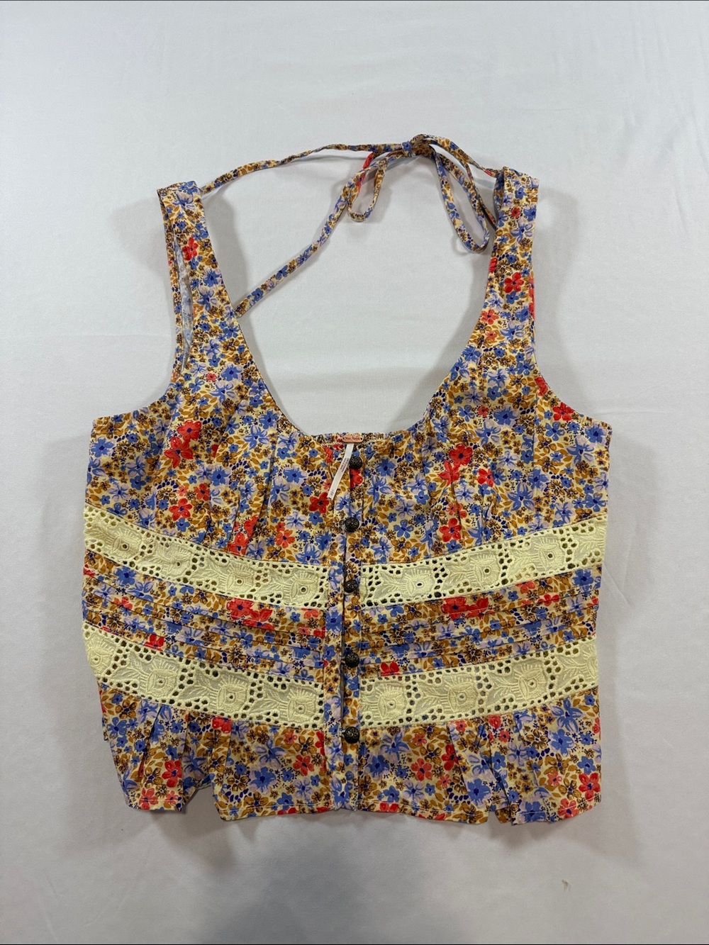 Free People Floral Lace-Trim Halter Crop Top in Yellow Size L